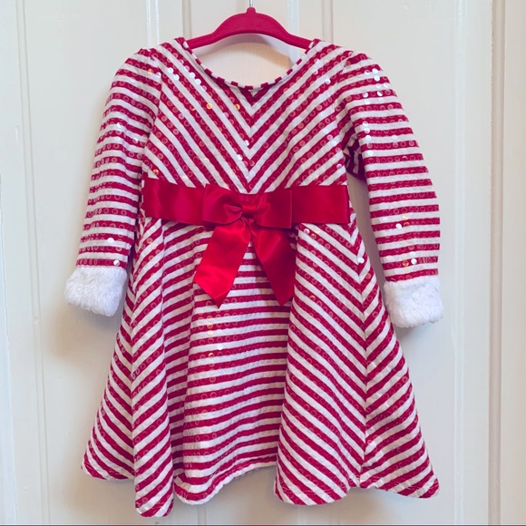 BONNIE JEAN TODDLER 24 MONTHS HOLIDAY DRESS RED AND WHITE STRIPES, SEQUINS & FUR - Picture 1 of 4